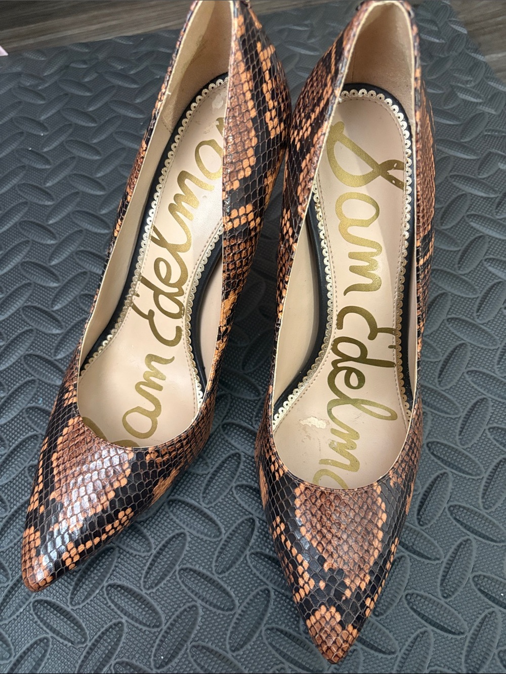 Sam Edelman Tan/Brown Snake-Print Pointed Toe Pumps